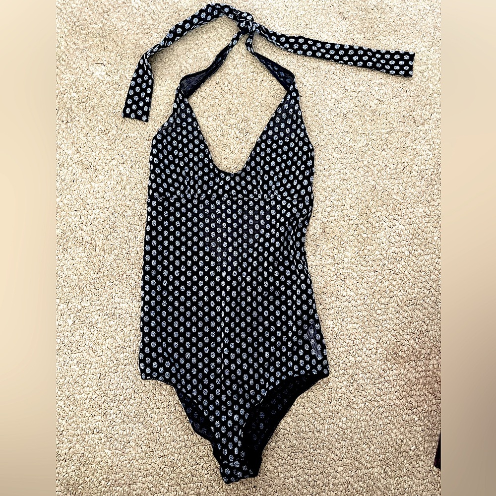 💙 NWOT New Aerie Blue Sheer Mesh Polka Dot Bodysuit Small Halter Tie Open Back